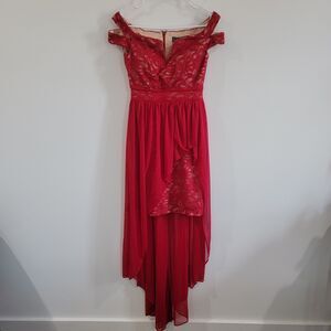Morgan And Co Womens Off Shoulder Dress Size 3 Red‎ Floral Lace Glitter Formal